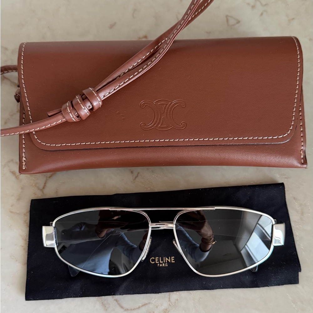 Celine Triumph Aviator Silver Frame Sunglasses with Dark Gray Lenses